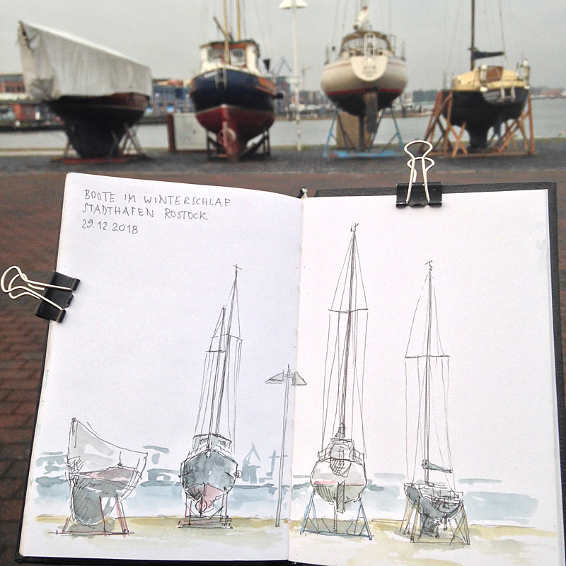 Skizze: Schiffe auf dem Trockenen, Rostock